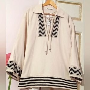 ZARA🐞Boho Linen Cream Black Crochet Oversized Tunic Blouse sz:XL